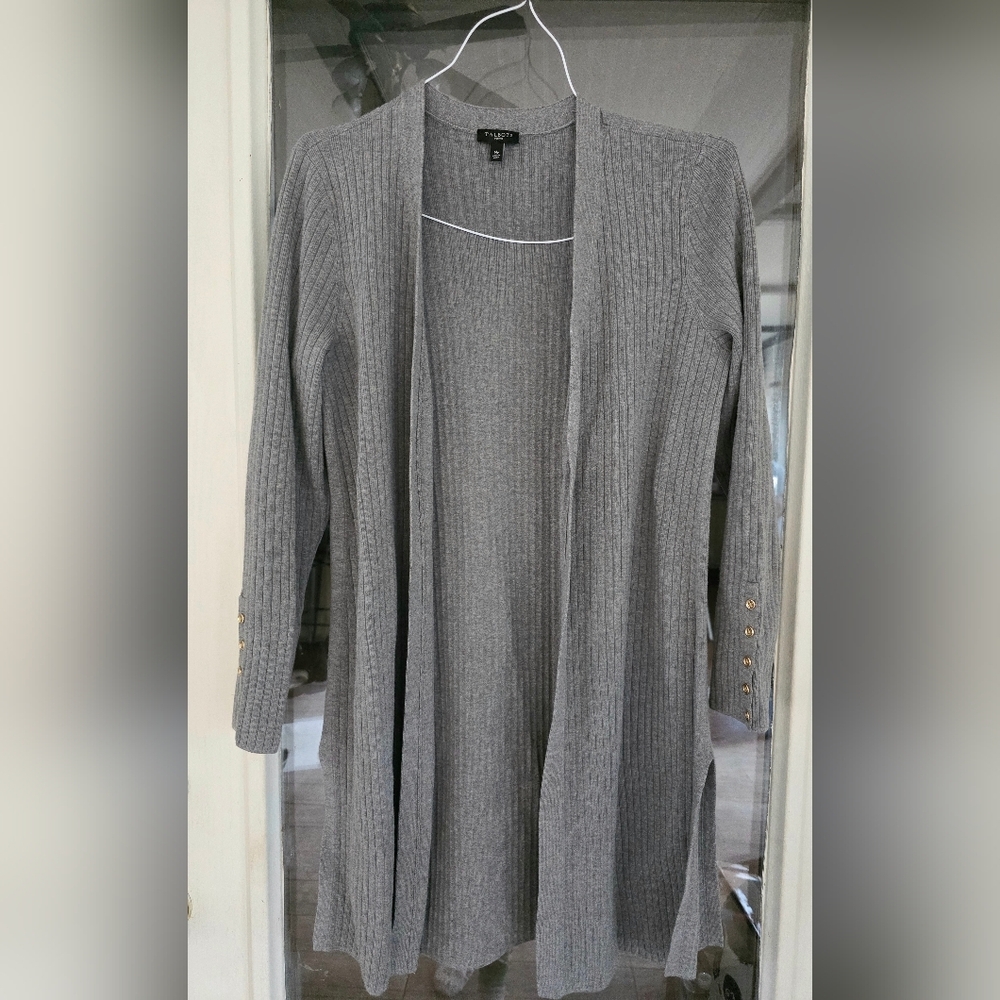 Talbots Long Gray Ribbed Cardigan Duster Gold Button Accents Medium Petite MP